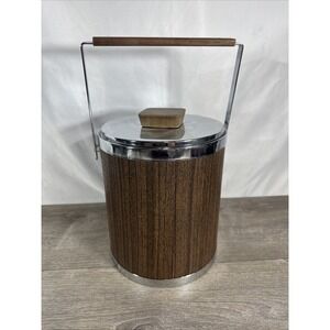 Vintage  MCM 1960s Kromex Ice Bucket Faux Wood Grain and Chrome